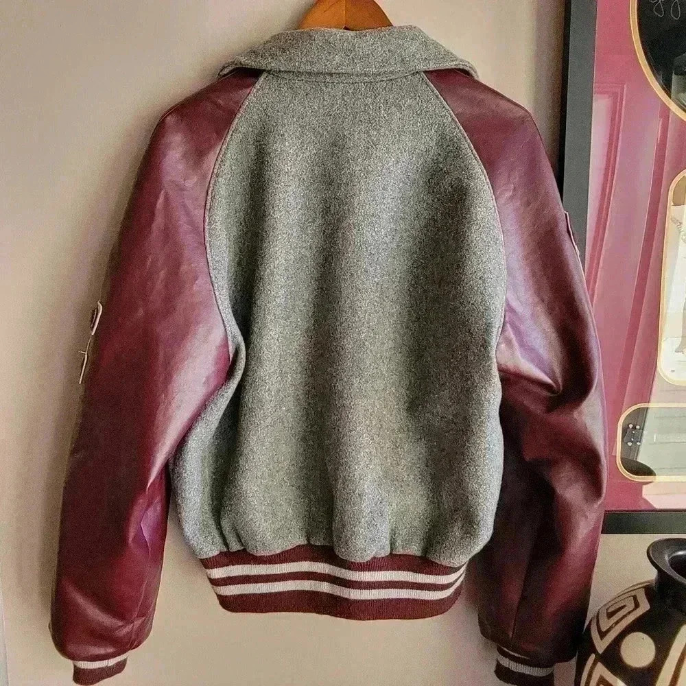 Vintage 1989 Meca Maroon And Grey Wool Men's Bomber Jacket Medium Burgundy/Gray - Picture 3 of 16